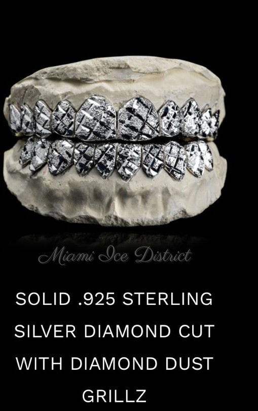 Diamond Dust Diamond Cut Grillz. High-glint diamond dust texture finished with aggressive diamond cuts. A custom mold kit will be shipped out to you between 2-3 business days.